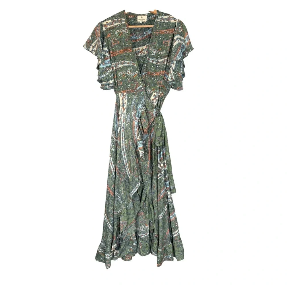 Perry Walker Silk Blend Paisley Print Wrap Maxi Ruffle Dress M Boho Coastal